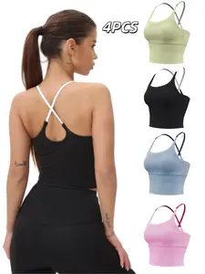 Women's Slim-Fitting Sports Top with Fixed Padding, Elastic Yoga Tank, Gym Yoga Tops, Color Block Design, Ideal for Fitness and All Seasons