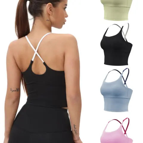 Women's Sporty Crop Top with Padded Bra, Slim-Fit Patchwork Elastic Yoga Vest for Fitness, All-Season Wear, Sports Tank Tops, Workout Tops