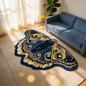 Modern Natural Bionic Style Insect Deep Blue Moth Shape Rug, Washable Plush Carpet for Living Room Bedroom, Home Decor, Decorative Rugs