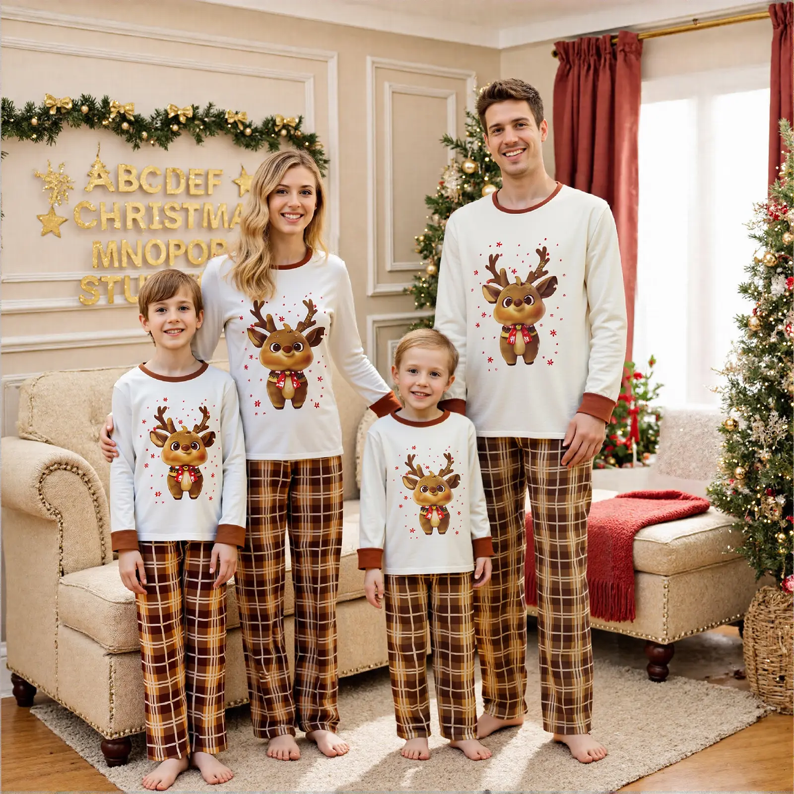 FOCUSNORM Christmas Family Pajamas Matching Set Long Sleeve Elk Print Tops And Plaid Pants Sleepwear Holiday Pyjamas