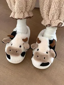 High-Quality Cartoon Cow Plush Slippers, & Block Design, Thickened Warmth, Silent Soft Rubber Sole, Comfortable Indoor Outdoor Wear, Footwear, Casual Slipper Shoes