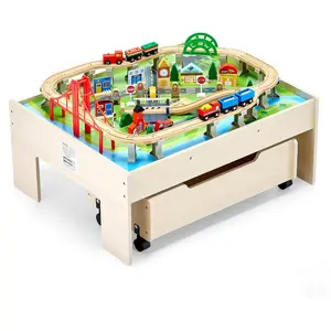 VEVOR Train Table, 84 Multicolor Pieces Wooden Kids Activity Table with Collapsible Storage Bin, 3 - in - 1 Wooden Train Set for Gaming, Drawing, Reading, Eating, Creative Toy Set for Kids Ages 3+VEVOR Super Brand Day