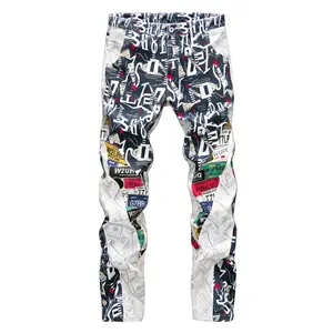 Men's Trendy Graphic Design Straight Leg Jeans baggy jeans for men Denim Trousersgraphic jean Menswear Man Trouser Pants Streetwear Denim Slim Stretch fashionable Wash Jeans chicago tikok shop finds Distressed Graffiti Print Classic patchwork