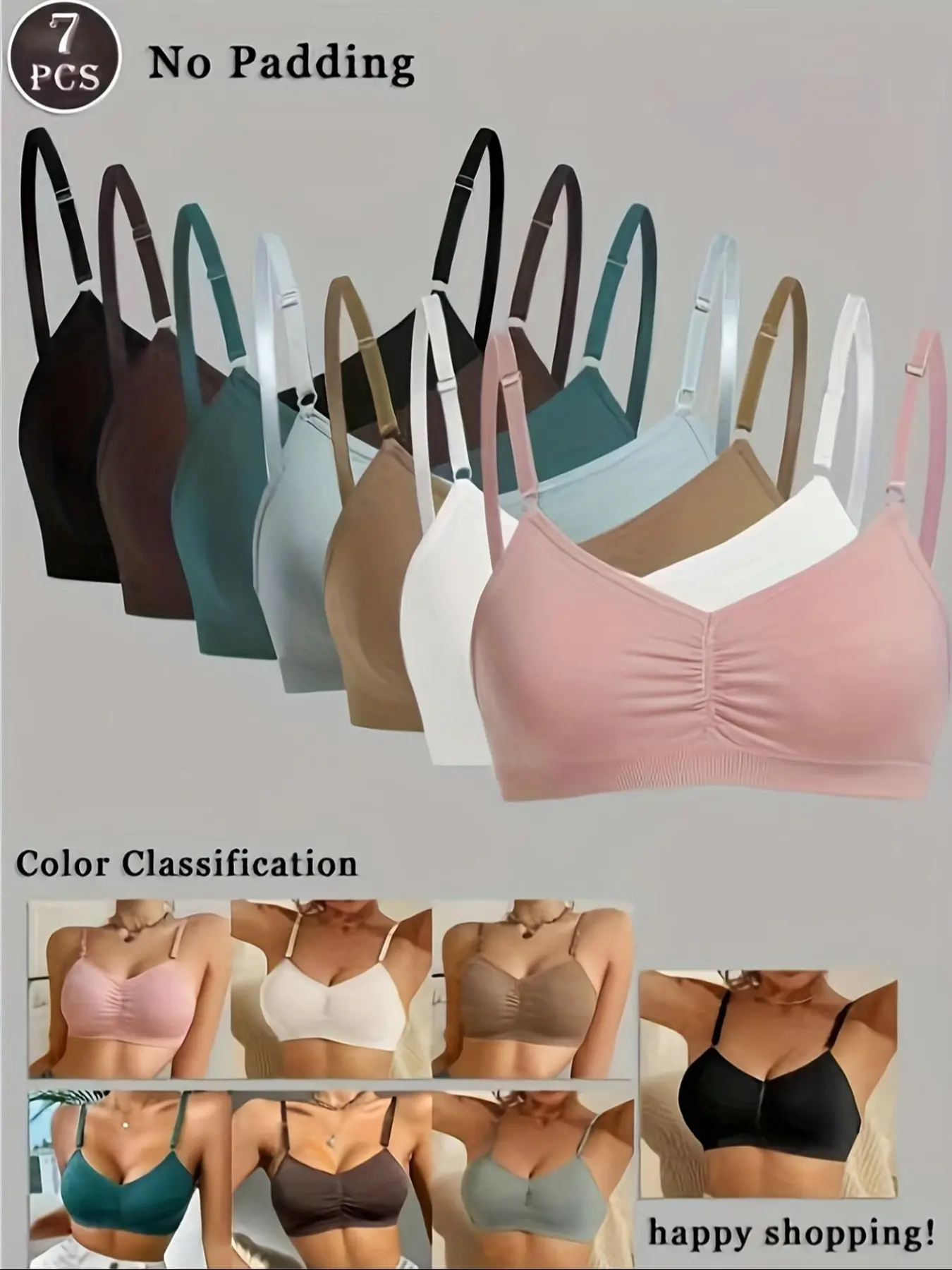 Women's Thin Lightweight Bra Set, Small Bust Push-Up No Underwire Buckle Medium Support Fit Comfortable Breathable Triangle Cups, Casual Everyday Daily Wear, 7 Pieces Underwear, Wireless Triangle Bra Breathable Comfy Bra, Everyday Bras Non Wired Bra