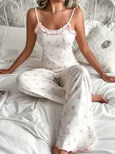 MONASWEET 2pcs Romantic Ditsy Floral Frill Trim Camisole & Pants Pajama Set Valentine's Cute Sleepwear