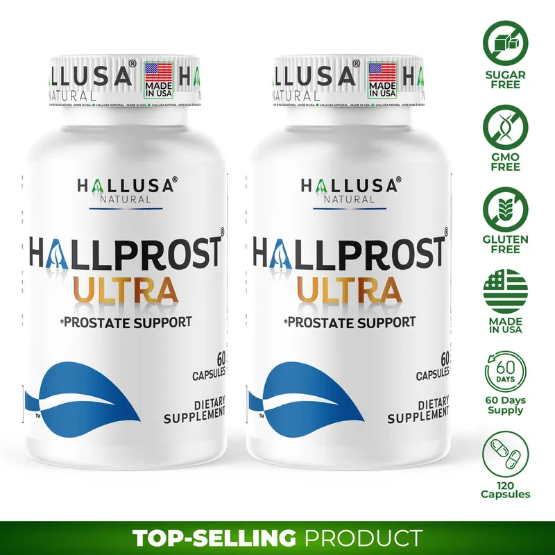 HALLUSA NATURAL Hallprost Ultra Prostate Support Capsules - 2-Bottle Combo (120 Caps Total) - Prostate Function Support, Vitamin E, Magnesium, Saw Palmetto, Pygeum Africanum, Pumpkin Seed, Zinc - GMO Free Men's Dietary Supplement - Made in USA, Gmo Free V