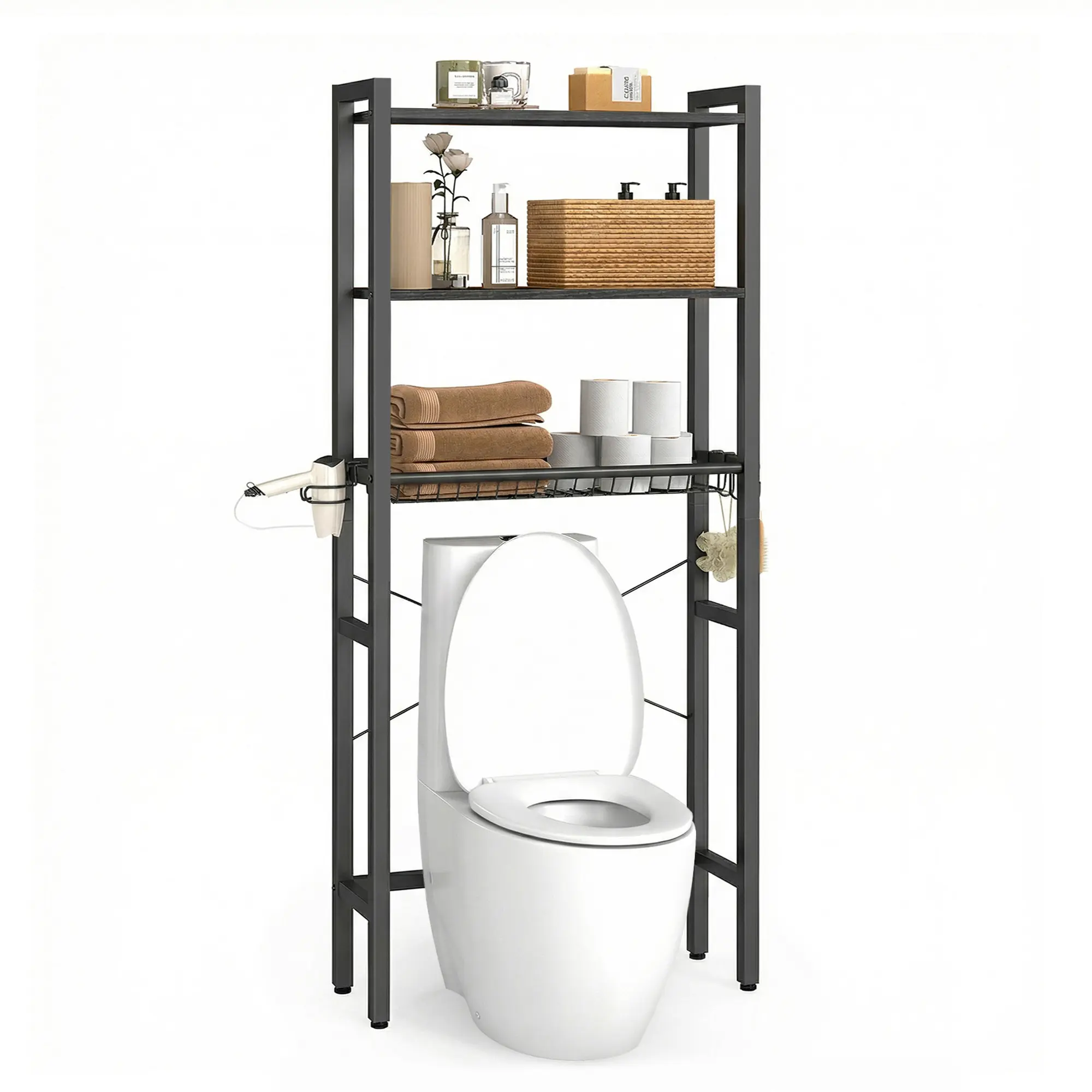 VASAGLE BARNET Collection - Over the Toilet Storage, Over Toilet Bathroom Organizer with Adjustable Shelves and Basket, 3 Hooks, Space Saving