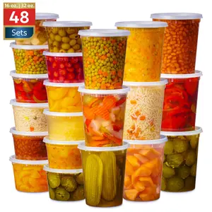 48 Pack Plastic Deli Containers with Lids (16, 32 oz 24 Each) - Food Storage Containers with Lids - Clear Disposable Meal Prep Containers Utensils