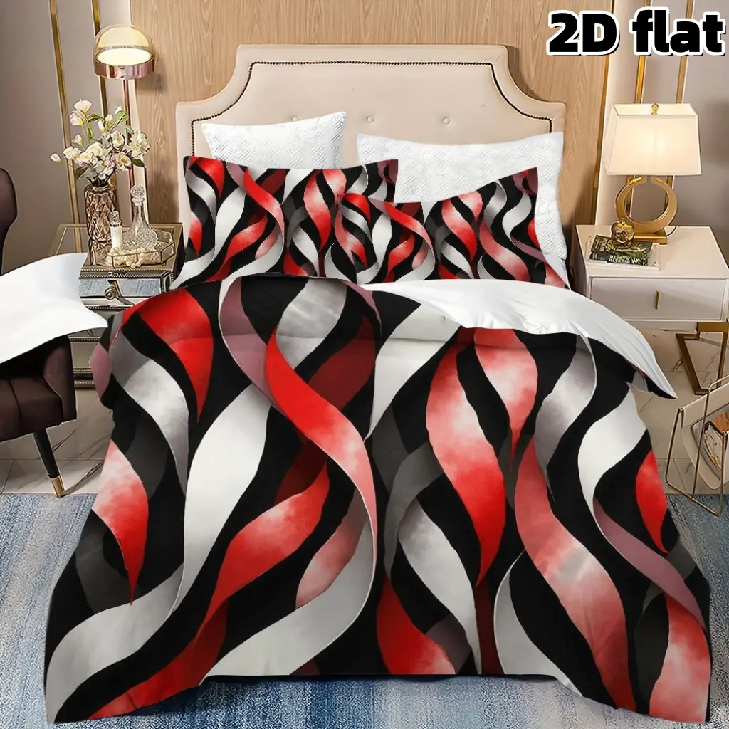 2D Flat 3Pcs Modern Wave Pattern Duvet Cover Red Black White Abstract Design Bedding Soft Microfiber Fabric Comforter Cover with Pillowcases Elegant Contemporary Bedroom Decor for Master Guest Room Home Decoration