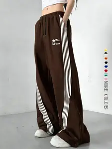 2026 Spring Summer High Waist Striped Wide Leg Pants, the Star Letter Print, Casual Loose Fit, Multi-Color, All Seasons, Womenswear