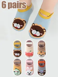 6 Pairs Baby Non-Slip Socks, Cartoon Animal Design, Indoor Floor Grip Socks for Kids, Boys' Short Socks, Newborn Infant Sock Set, Baby Clothing