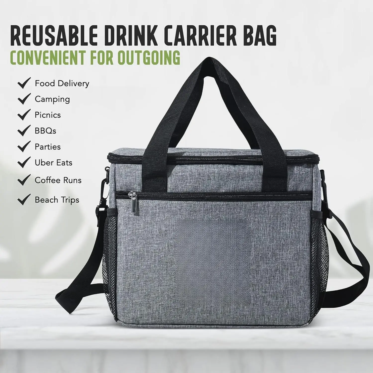 Good E’s Reusable 6 Cups Insulated Beverage Bag for Daily Takeout, Portable Cooler Tote Bag with 5 Divider, Shoulder Strap & Side Pockets, Drink Caddy Cup Holder Carrier for Delivery Travel (6 Cups - Black)