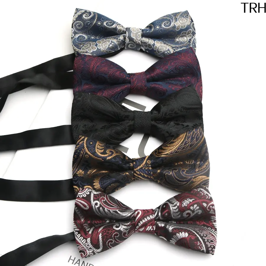 Men Paisley Jacquard Pre-Tied Bow Tie, Vintage Formal Suit Neck Bow, Adjustable Strap Classic Wedding Party Back To School Neckwear Accessory