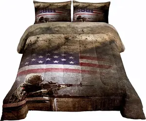 American Flag Comforter Set,Military Camouflage Soldier Comforter,Vintage Camo Usa Flag Quilted Duvet,Grunge Soil Red Grey Stripes Bedding Comforter