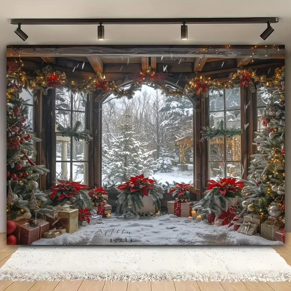 1pc Soft Durable Polyester 2D Flat Christmas Backdrop Sheet - Glam Holiday Decor with Festive Tree, Gift Boxes, Snowy Window Scene, Non-Printed White Banners for Indoors, Outdoor Use