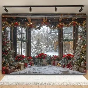 1pc 2D Flat Christmas Backdrop Cloth, /, Polyester, Festive Tree, Gift Boxes, Snowy Window Scene, for Living Room, Outdoor Decor, Influencer Live Streaming, Photography Studio Background, No P Banners White