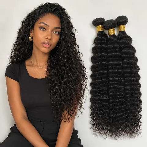 Women's Natural Black Human Hair Bundles - Natural Straight/Body Wave/Deep Wave Weft Extensions, Hypoallergenic, Cruelty-Free, Soft Touch, Glossy, Full Volume, Thick Ends, Tangle-Resistant, Sew-In, Everyday Wear, Protective Styles