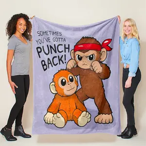 Soft Plush Flannel Blanket with Punch Monkey Cartoon Design, Comfortable Rectangle Polyester Throw, Cute Bed Blanket for Various Scenes