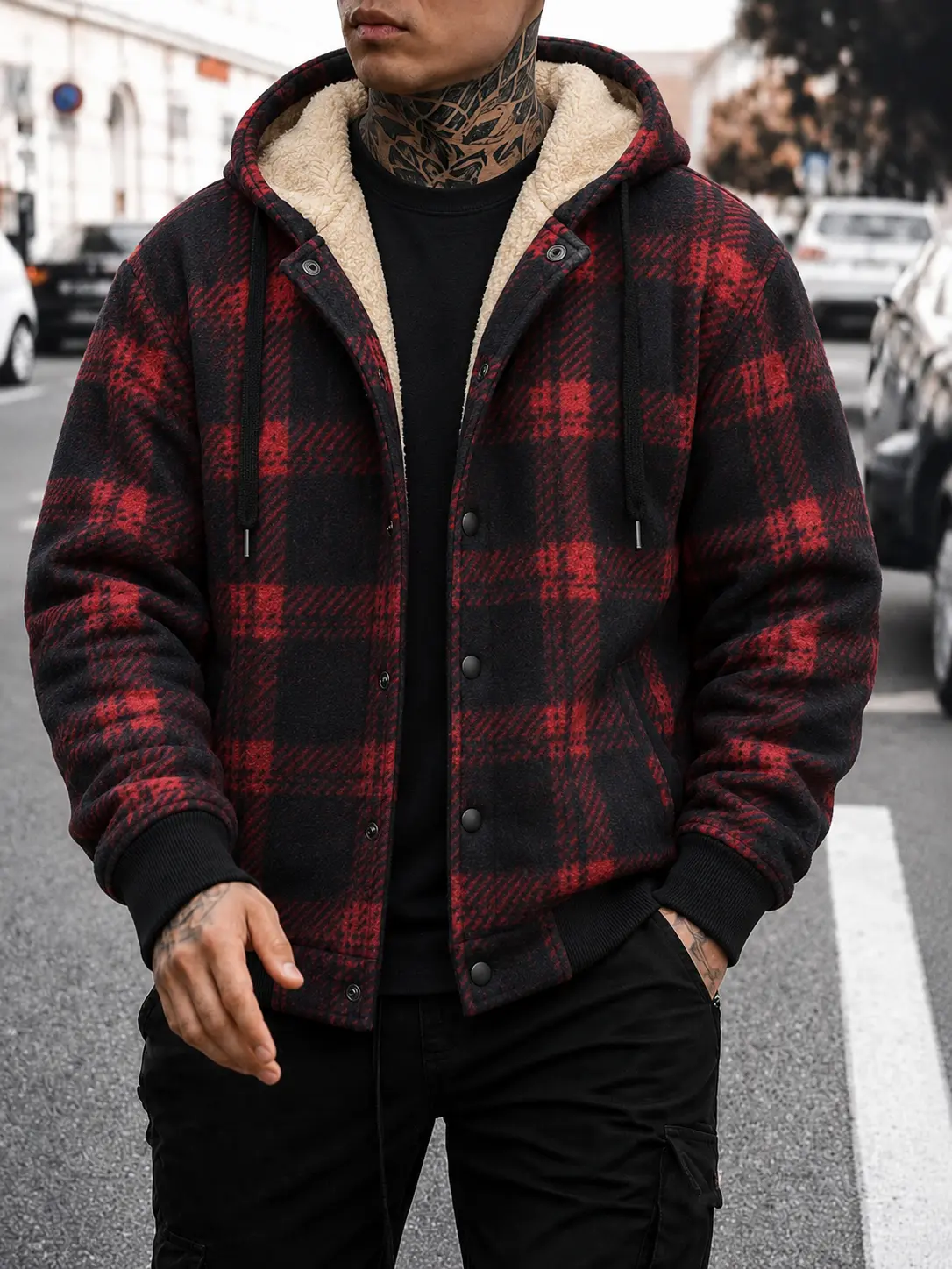 Single piece men’s red/black plaid fleece jacket with hood and snap closure, thickened for autumn/winter with full fleece lining, vintage workwear style — sold individually.