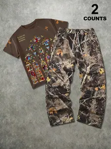 Trendy Church Print T-Shirt & Camo Branch Casual Pants Set, Unique and Eye-Catching, Easy Street Style High-End Look!