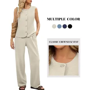 Women's 2-Piece Lady Business Casual Set - Basic Chic Sleeveless Crewneck Button-Down Vest with Button Detail & Wide Leg Pants, Soft Fabric Office Work Clothes,summervibes outdoorfun