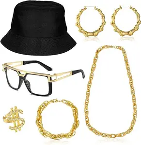 6 pcs 80s 90s Hip Hop Costumes Outfit Retro Square Sunglasses Fisherman's hat Fake Gold Chain Bracelet Finger Ring Earrings for Men Fashion Accessories