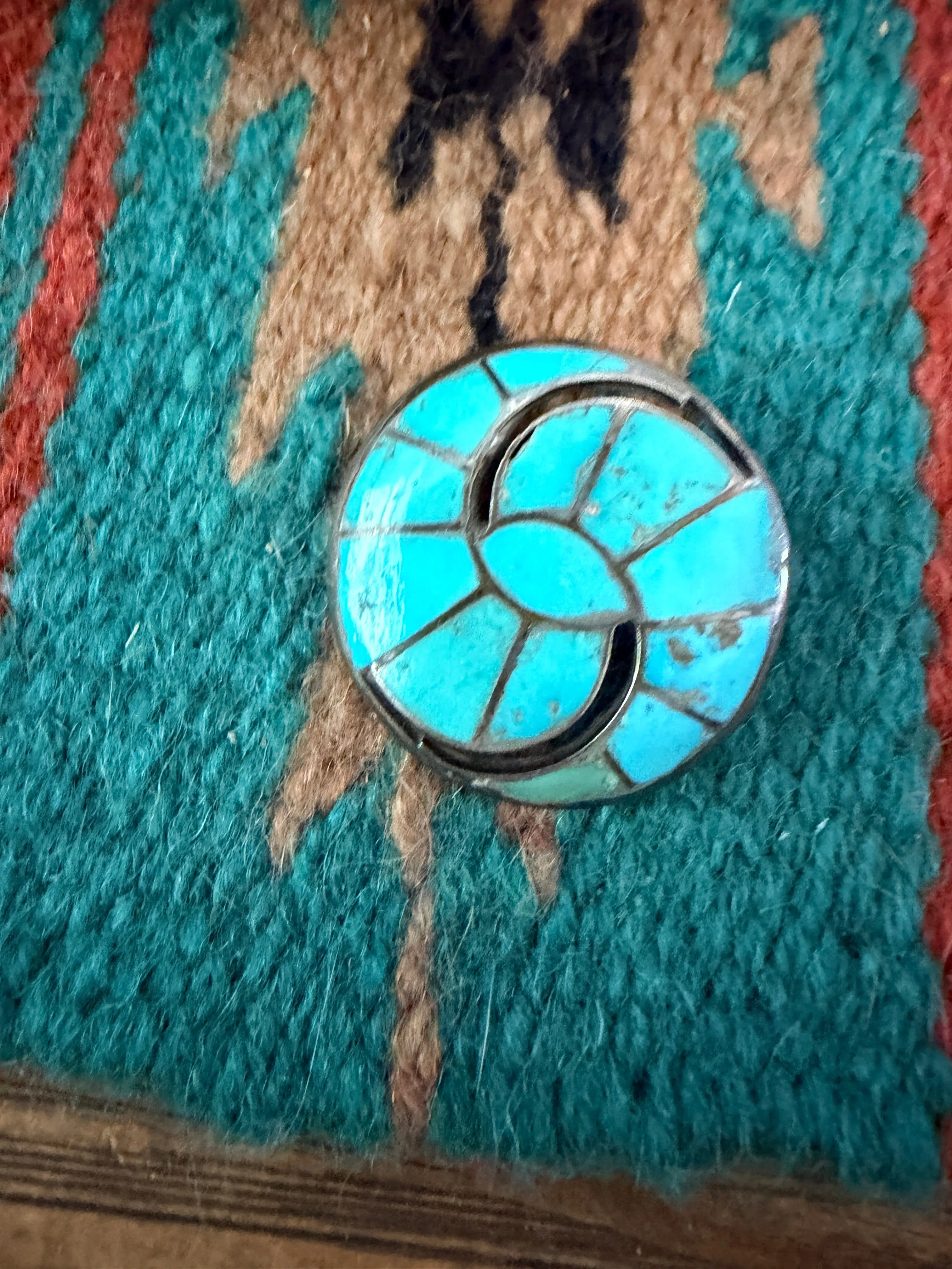 Old Pawn Handcrafted Turquoise and Sterling Silver Inlay Brooch