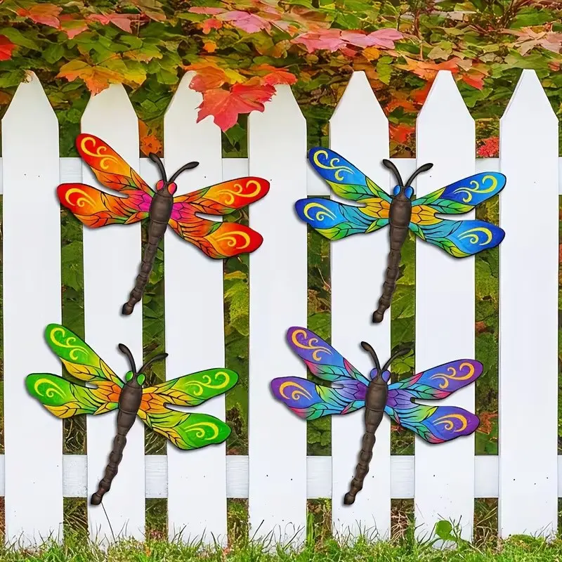 4 Pièces Sculpture Murale Libellule Métal Colorée - Décoration Jardin Intérieur Extérieur Maison