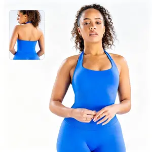 （With Logo）Longline Strappy Top Women Sports Tank Halter Seamless Ruched Backless Gym Activewear Workout Yoga Fitness Two-Piece Set Women's Solid Color Halter Top & High Waist Shorts Sports Set, Sporty Breathable  Outfits for Yoga Activewear Tops