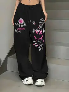 Women's Casual Loose Fit Long Pants, Fun Graffiti Letter Print, Daily Wear, Versatile Fashion, Suitable for Home and Outdoor