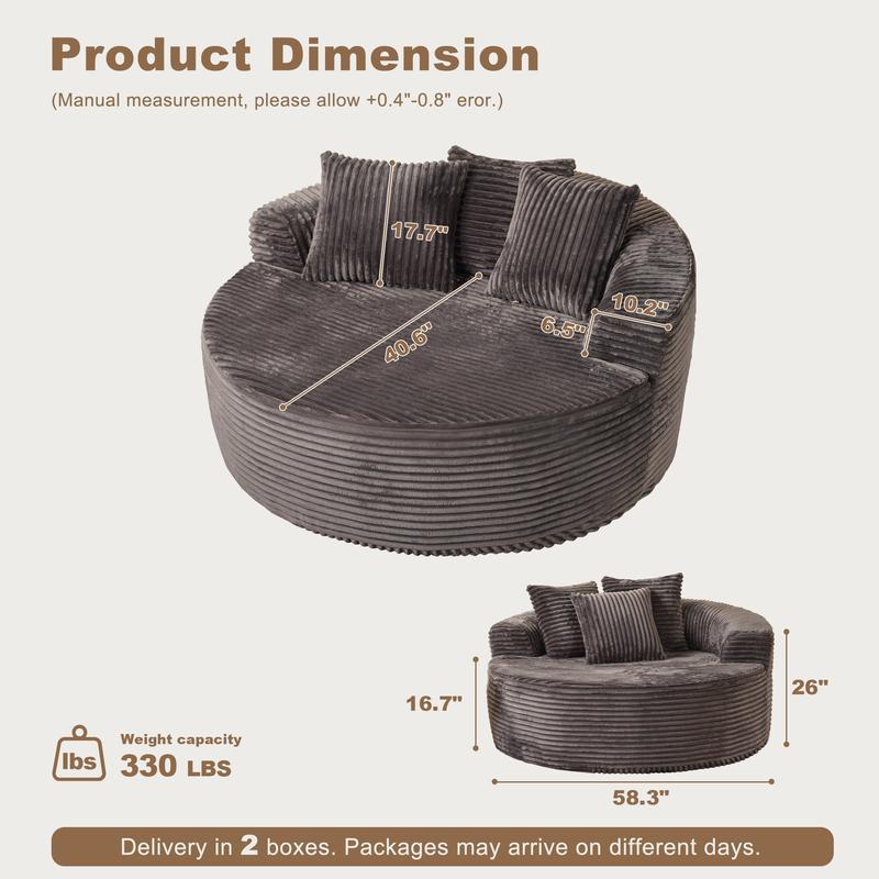 HOOOWOOO 59"W Oversized Round Sofa Bed - Boneless& Modern O-Shape, Lazy Bean Bag Chair, Deep Seat Couch with 3 Pillows, Plush Corduroy Fabric Chaise Lounge, No Assembly Required