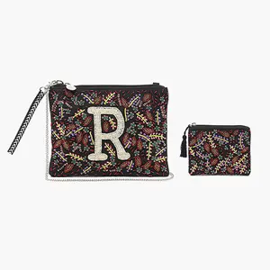 R Initial Embellished Pouch with Coin Bag - Hand Beaded Floral Design Fall Colors 10.5" x 7.5" Wristlet Strap Gift Set
