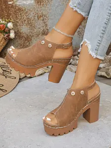 Women's Fashionable Comfortable Chunky Heel Open Toe Sandals, Lightweight Elegant High Heels for Dresses, Spring Summer New Arrival