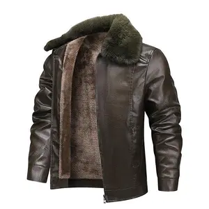 Men's Brown Faux Leather Jacket with Shearling Lining - Sherpa Collar, Full Zip, Vintage Biker Warm Coat