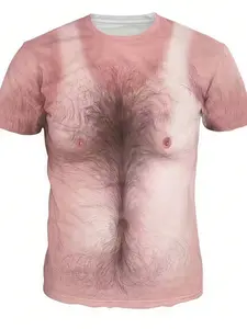 Men's 3D Digital Print Funny Abstract Chest Hair Pattern Fitted Short Sleeve T-Shirt, Casual Street Fashion Round Neck Pullover, Streetwear