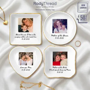 [Flash Deal] RodyThread Personalized Photo Mother of The Groom Jewelry Dish, Custom Mother of The Bride Anniversary Date Jewelry Tray, Day Of Wedding Favor Trinket Ceramic Dish Gift for Mom and Grandma, Wedding Stuff