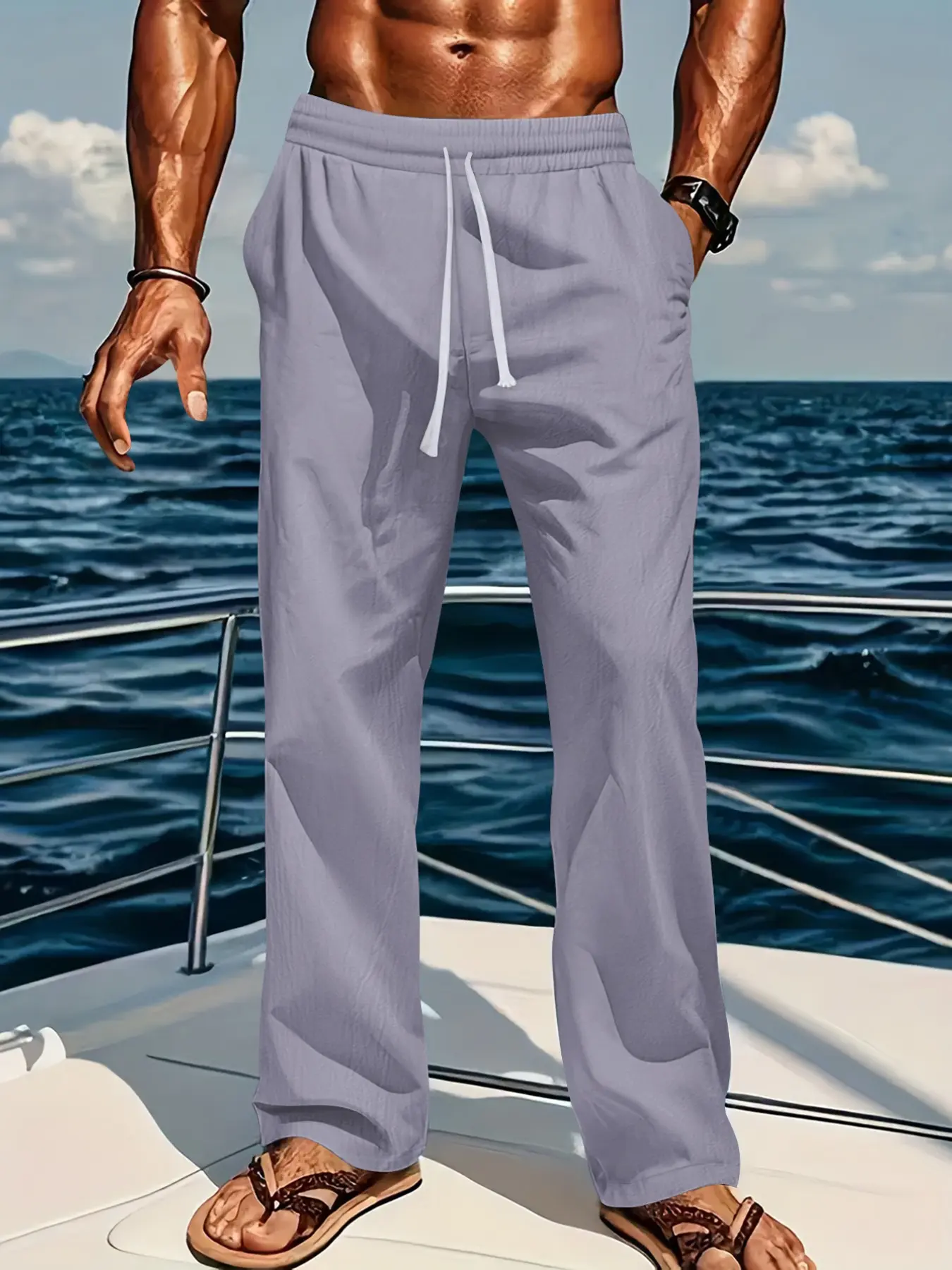 Men's High-Quality Linen Plain Pants, Loose-Fit Athletic Sport Yoga & Beachwear, Breathable Summer Travel Wear, Casual Home Leisure