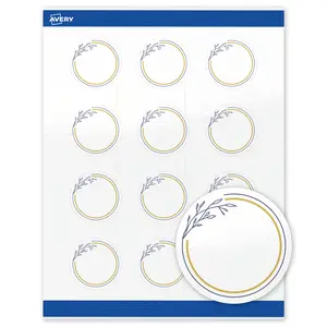 Avery Printable Round Labels with Sure Feed, 2" Diameter, Glossy White with Gold & Navy Border Florals Design, Permanent Adhesive, Laser & Inkjet Compatible, 120 Total