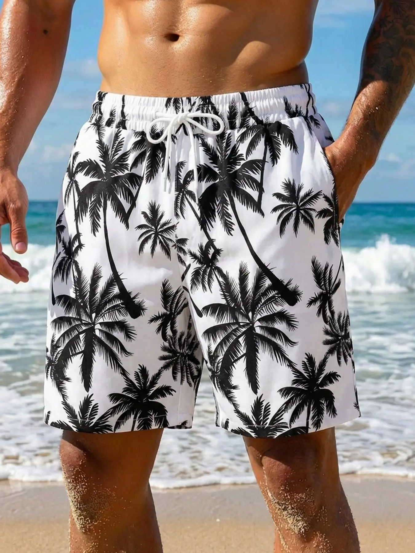Men's Palm Tree Print Quick-Dry Swim Trunks - Lightweight Breathable Board Shorts Pockets Swimming Shorts with Drawstring Waist & Side Pockets, Perfect for Beach Vacation, Pool Party, Cruise Trip & Summer Holiday Swimwear Shorts