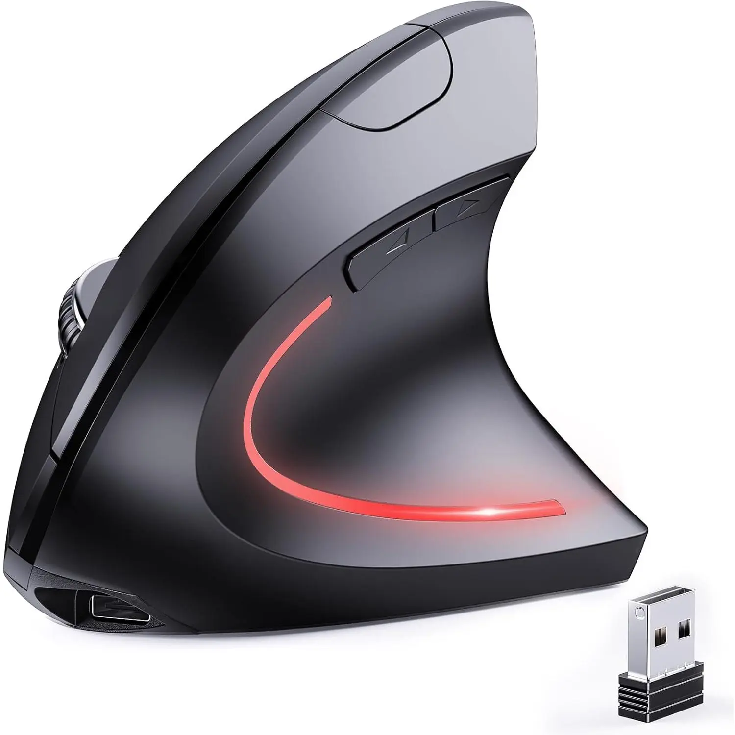 P-PDT011 Ergonomic Vertical Optical Mouse - Nearly Soundless Clicks, 2-in-1 Dual-Mode Bluetooth-2.4G Wireless, Bluetooth+USB, USB Charging, 1000/1200/1600 DPI Smooth Precise Tracking, 6 Buttons, for Multi-Device PCs, Laptops, MacBook