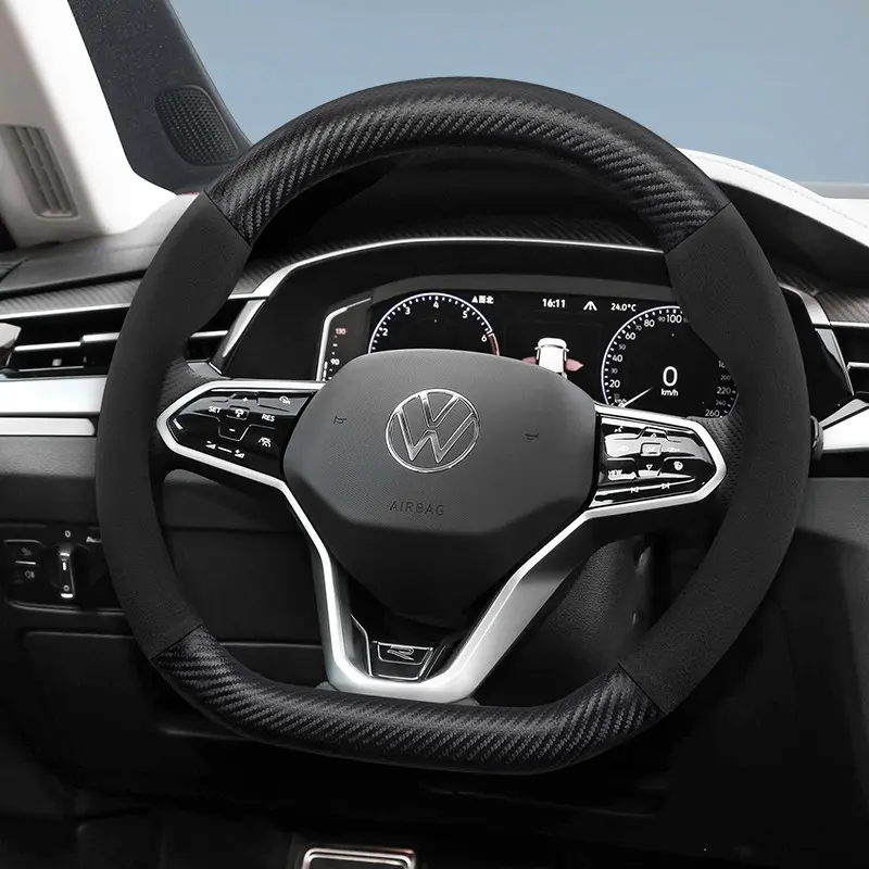 For Volkswagen Carbon Fiber Texture Leather Suede Automotive Steering Wheel Cover Accessories, Steering Wheel Protector, Ultra-thin anti-slip Cover For Tiguan Atlas Jetta ID.4 Taos Golf GTI/R Passat Beetle Touareg Eos CC Routan T-Cross T-Roc Polo Interior