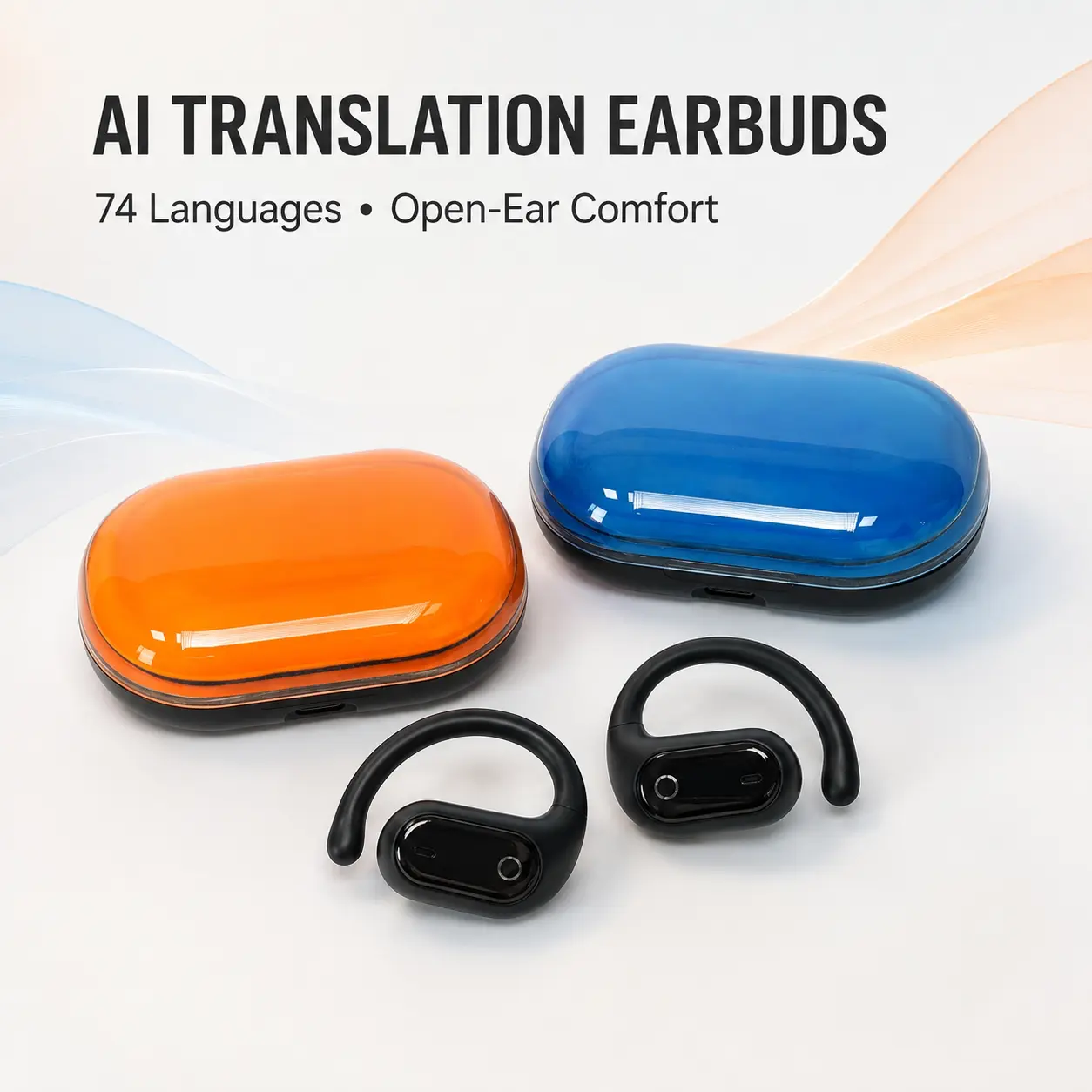 Wantek Open-Ear Translation Earbuds for Travel & Driving – Secure-Fit Bluetooth Hook Headset, 164-Language Translator via Official App, Chargeable Glow Quicksand Charging Case, Lightweight Audio Electronic Cells