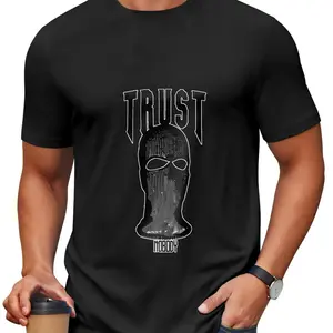 Edgy "Trust Nobody" Men's Graphic T-Shirt - Urban Streetwear Ski Mask Design, Gothic Lettering Short Sleeve Tee, Bold Hip Hop Aesthetic Summer Crew Neck Top