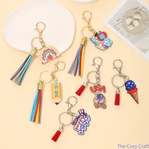 4th Of July Patriotic Wooden Keychain Bag Charm, Rainbow Pencil Ice Cream Tassel Pendant, Cute Lightweight Accessory, Trendy Independence Day Gift for Car Backpack Decor & Daily Ornament