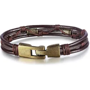 CASSIECA Mens Vintage Leather Wrist Band Brown Rope Bracelet Bangle