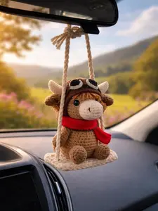 Highland Cow Crochet Car Hanging, Amigurumi Cow Rearview Mirror Decor, Cute Plush Ornament, Aesthetic Car Accessory, Gift for Cow Lovers