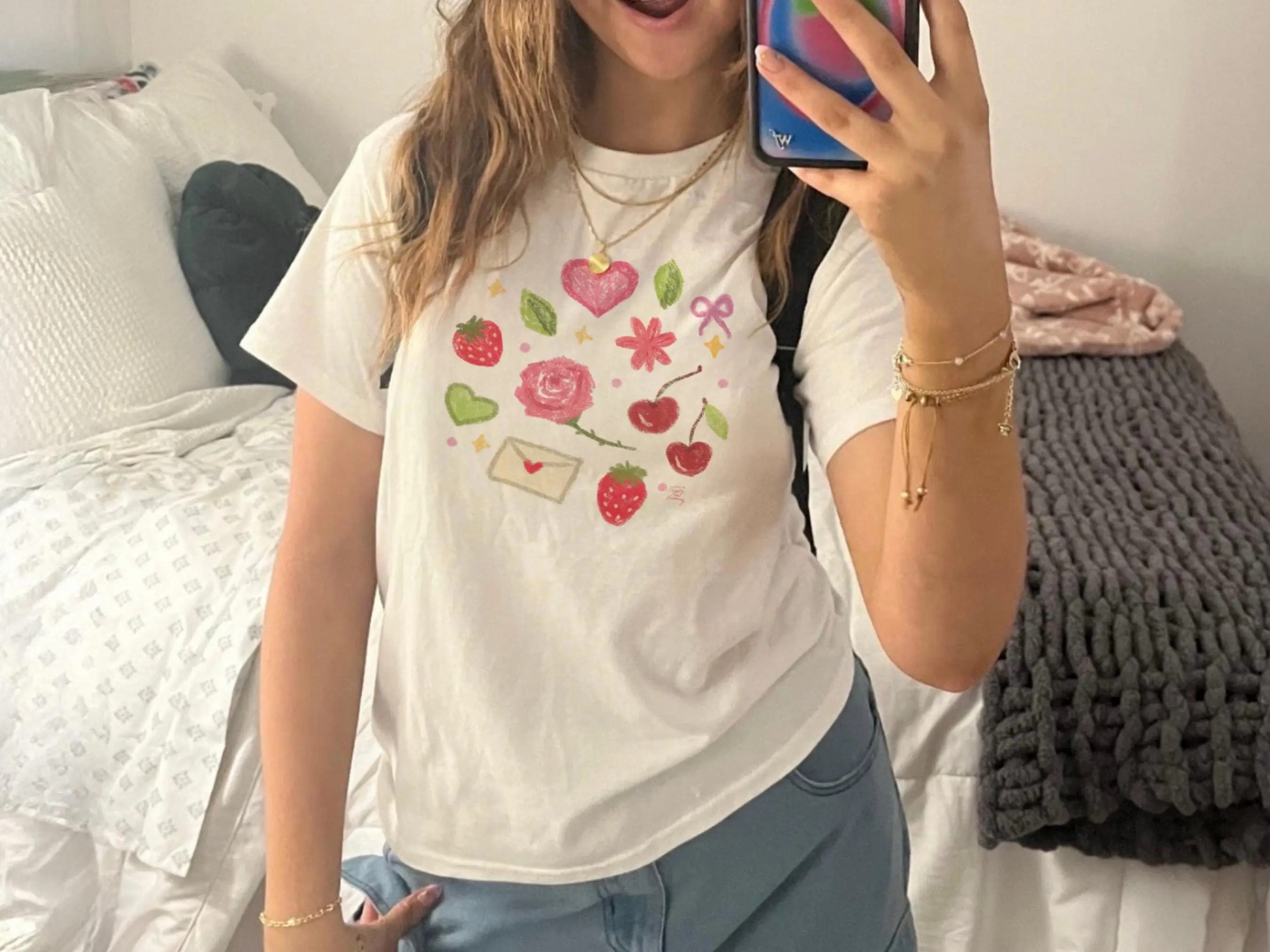 [Sale Up To 50%] Strawberry Doodle Baby Tee Coquette Cherry: Y2K Graphic Print Crop Top, Gift for Her