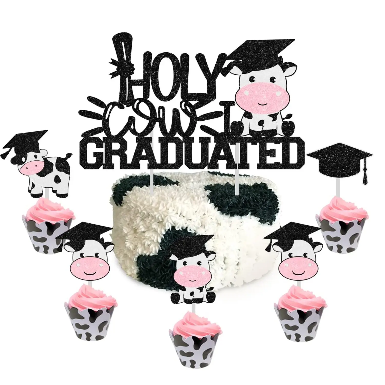 1Set krerat4joy Cow Graduation Decoration Cake Topper Holy Cow Graduated Cake Topper Cake Decorations for 2026 Congrats Graduation Farm Animal Theme Party Supplies Cupcake Toppers Cap