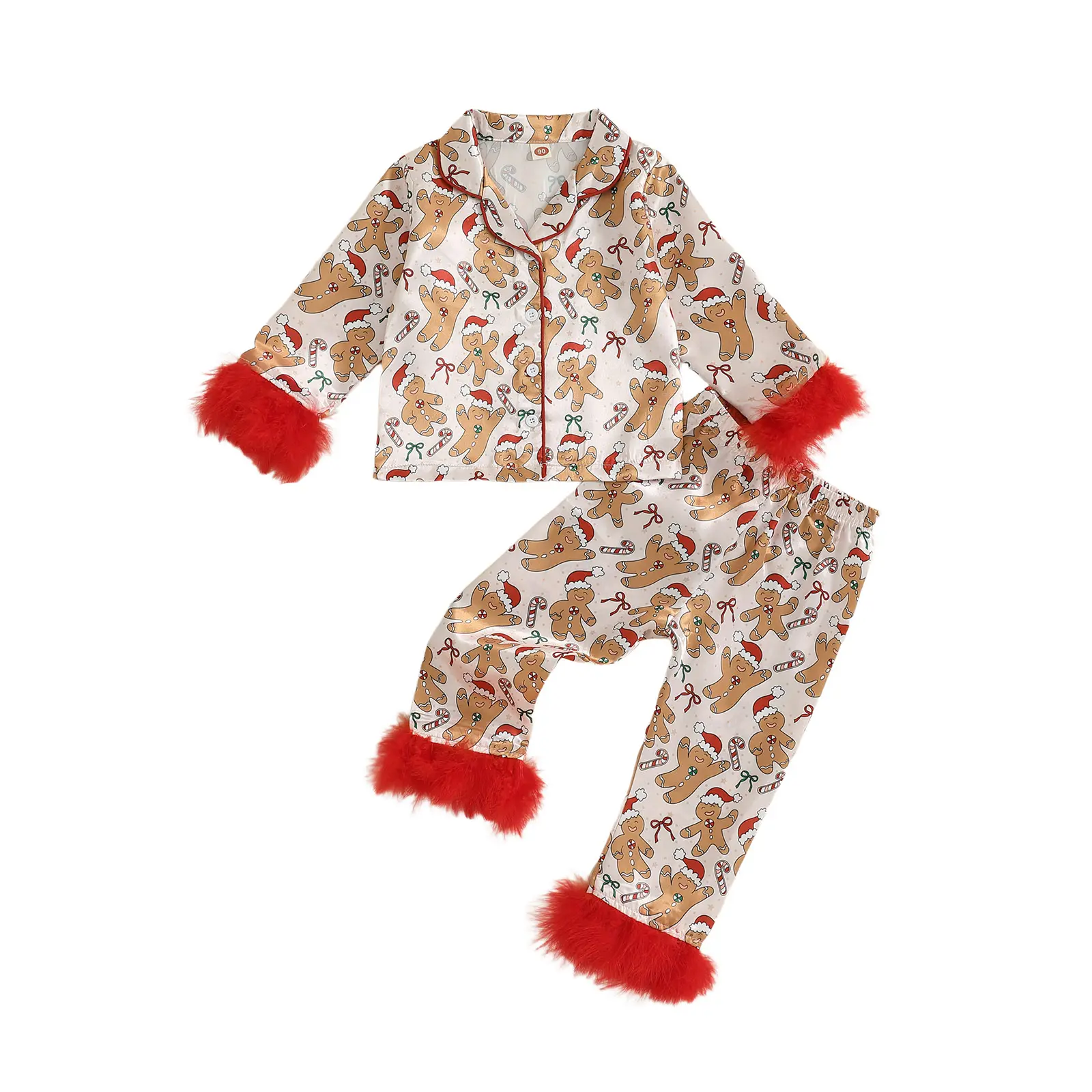 REDWOON Toddler Baby Girl Christmas Fuzzy Pajamas Set Gingerbread Man Button Down Shirt and Pants Holiday Pjs for Kids Loungewear Set