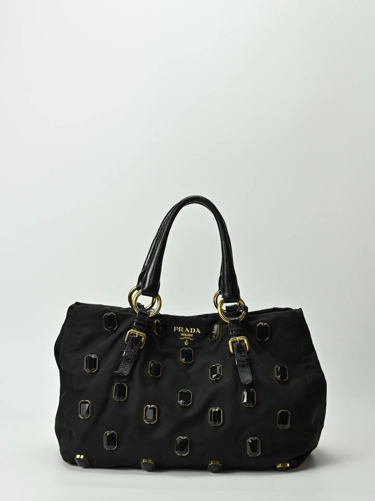 Pre-owned PRADA Black Tessuto Nylon Pietre Jeweled Shopping Tote Bag 22041394